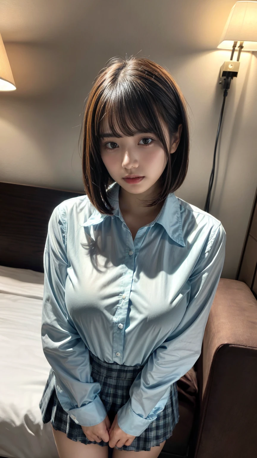 masterpiece, best quality, illustration, Super detailed, fine details, High resolution, 8K,wall paper, perfect dynamic composition,(Details High quality, realistic depiction of eyes:1.3), short bob hair, (Oversized_Shirt:1.2)、Oversized_Shirt, ((facing viewer)), hotel room, Layered Cut, black hair color, Big Natural Color Lip, sexy pose, crying a little、Harajuku style、20 year old girl、cute type、lolita, hposing Gravure Idol, full body photo, huge breasts