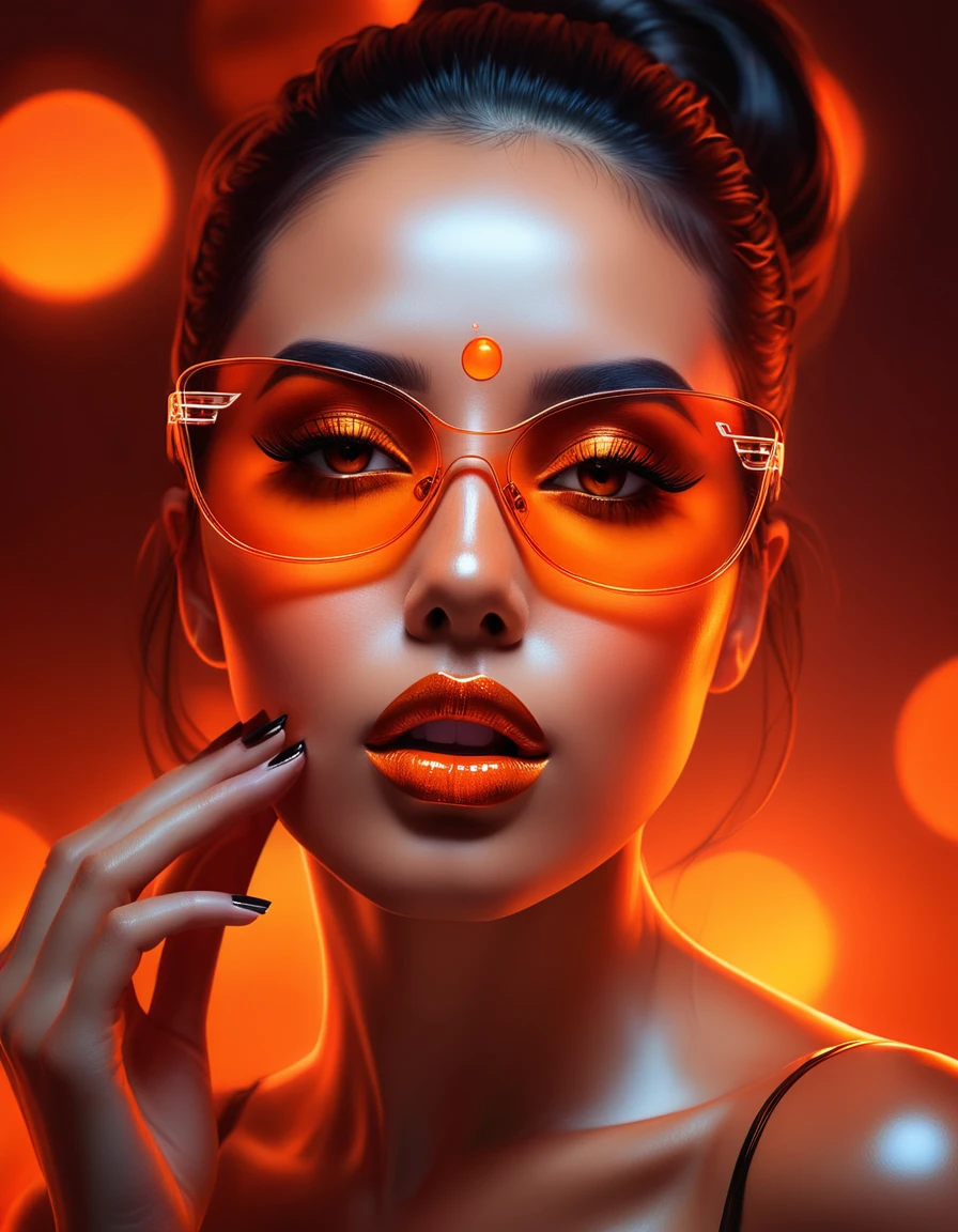 A full head image of a woman adorned with black tiny birthmark near her mouth and a glass shades, featuring beautiful digital artwork with red glowing skin, realistic digital art in 4K, seductive glowing sleepy orange eyes, and an 8K resolution. This stunning digital illustration showcases a glossy digital painting technique, a face aglow with an orange hue, complemented by an Artgerm bokeh effect, and a radiant red and orange glow.