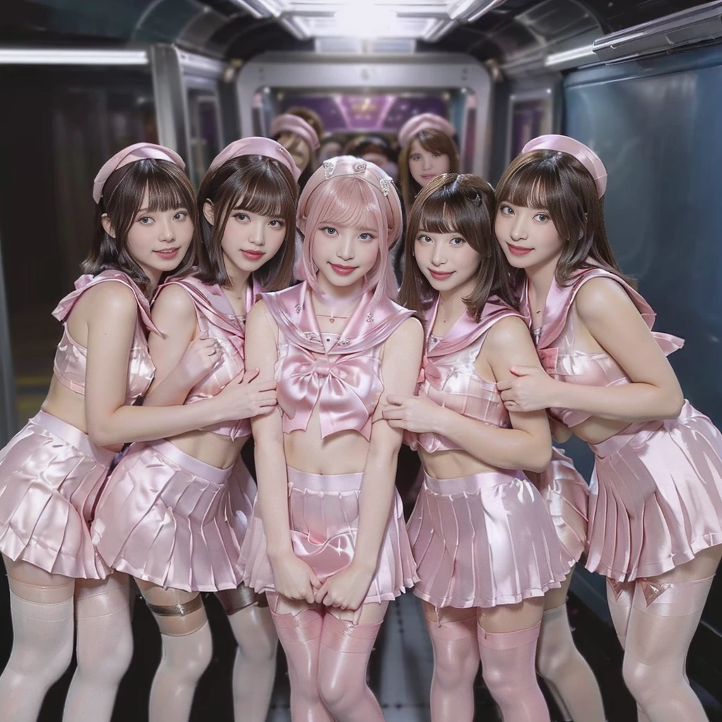 (((Ultra-clear resolution))), (((best quality))), (((super shiny pink silk sailor collar, tight, pleated miniskirt, group photo of only girls crowded train with female only, impossible breasts, angle from below, see-through pantyhose, grin))), looking at viewer