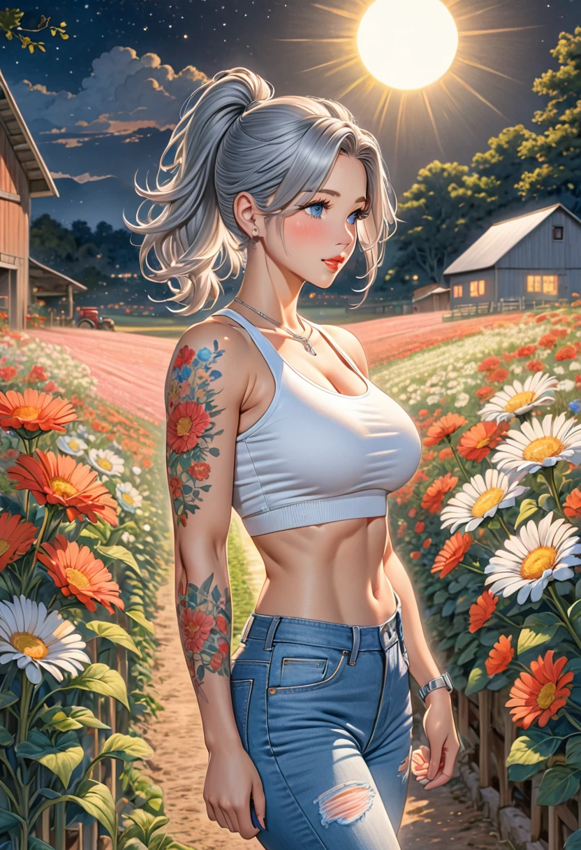 A colored pencil drawing of a, 1girl, solo, ponytail grey hair, crop top, short tight jeans, parted lips, blush, night, flowers, sun, sunlight, very muscular, large breast, walking in the farm, tattoos in the arms, necklace, shy, white sneakers,