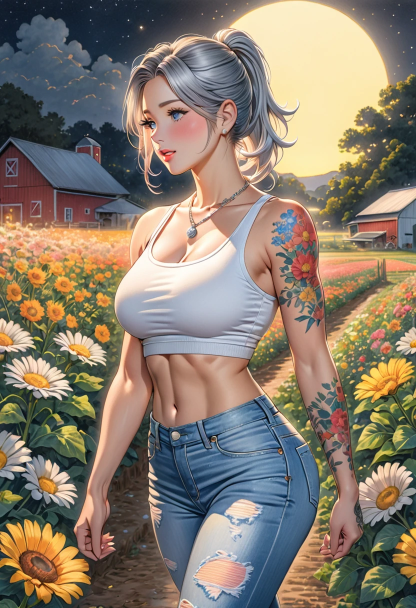 A colored pencil drawing of a, 1girl, solo, ponytail grey hair, crop top, short tight jeans, parted lips, blush, night, flowers, sun, sunlight, very muscular, large breast, walking in the farm, tattoos in the arms, necklace, shy, white sneakers, Eliza Dushku