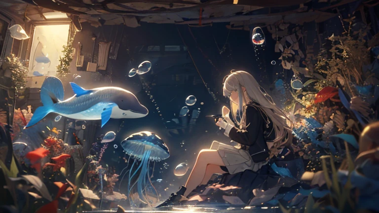 (masterpiece:1.3),(Highest quality:1.2),8k,Confused,unity 8k wallpaper,(Very detailed:1.3),the best,High resolution,wonderful,shape,Beautiful studio soft light,Amazingly beautiful,incredibly Confused,Sharp details,Cinema Lighting,Moody lighting,Pixiv,Awards, Professional, Very detailed,Face with perfect detail,、
transportation facilities_Against_window, 1 girl, alone, Colorful long blonde hair, skirt, Long sleeve, Sitting, , Gray Hair, pleated skirt, shoes, Seraphim, fish, bubble, Blue Theme, (In the water:1.2), (air bubble:1.3), Inside the train, (Surreal:1.2), (jellyfish:1.2), (whale:1.1),(fish:1.2),Blurred foreground,