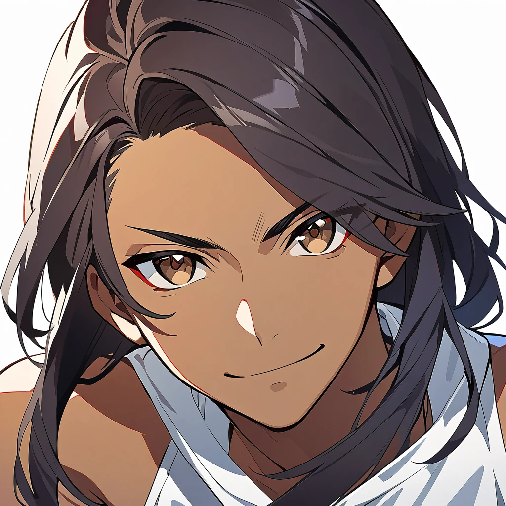 Ilustration anime (clear image) (image for lora model) face of a young boy dark skin dark hair, Latin American traits, Brown eyes, happy face, serious countenance(sharp image, detailed) white background color.