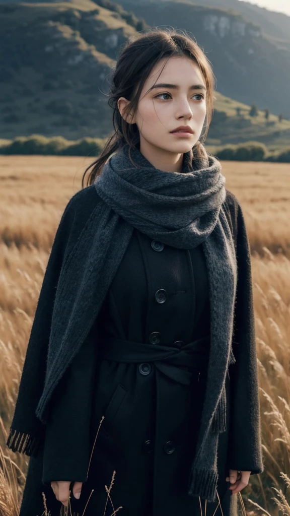 8k, best quality, masterpiece, realistic, ultra detail, photo realistic, Increase quality,
a photo of a girl standing in a field with a scarf, in the style of dark and brooding designer, voluminous mass, photobash, serene faces, jagged edges, navy, natural beauty, close-up shot