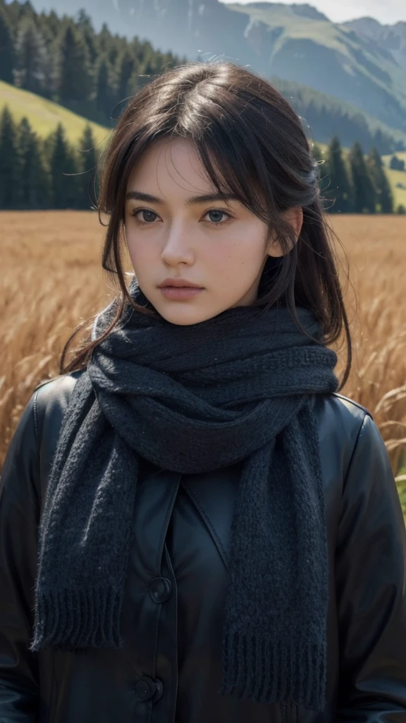 8k, best quality, masterpiece, realistic, ultra detail, photo realistic, Increase quality, 
a photo of a girl standing in a field with a scarf, in the style of dark and brooding designer, voluminous mass, photobash, serene faces, jagged edges, navy, natural beauty, close-up shot
