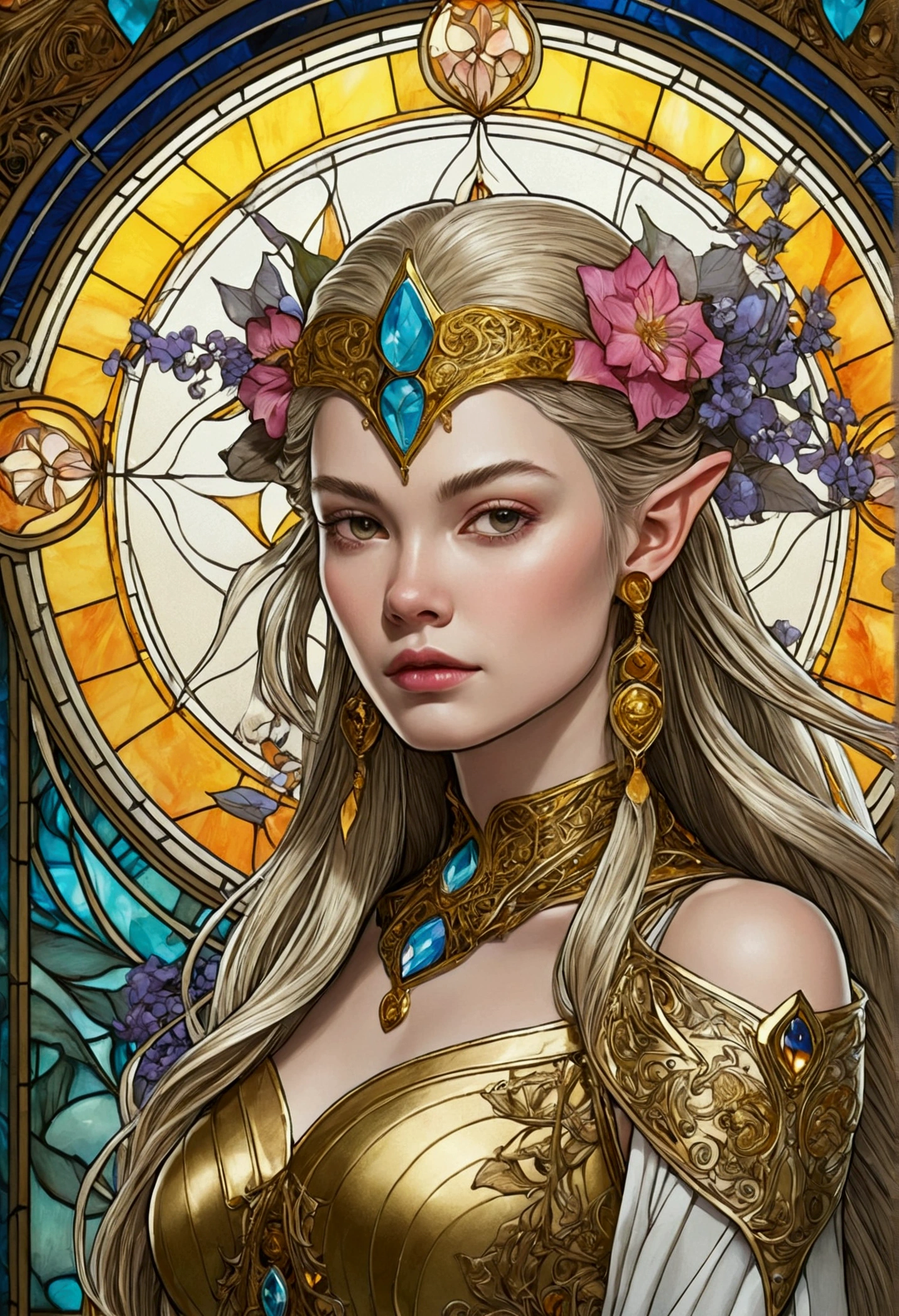 Gorgeous and beautiful Elven warrior queen tarot card, Fractal Magic, Travis Charest-style illustrations, Ink line art, Poster, Elle Fanning Model, society, Fantasy art, detailed illustration, Mysterious, Botanical masterpiece, detailed, Ultra-realistic, Elements of symbolism and surrealism, Intricate Design, Intertwined, Beautiful woman, Flowers, pastel.(masterpiece, Highest quality, Highest quality,Official Art, beautifully、Super Gold Hairstyle、aesthetic:1.2),(One girl:1.3), One girl BREAK stained glass art, Colored Glass, Lead wire, Light transmission BREAK Vivid colors, Intricate Design, Glowing effect, Spiritual atmosphere、Background abstract Japanese style