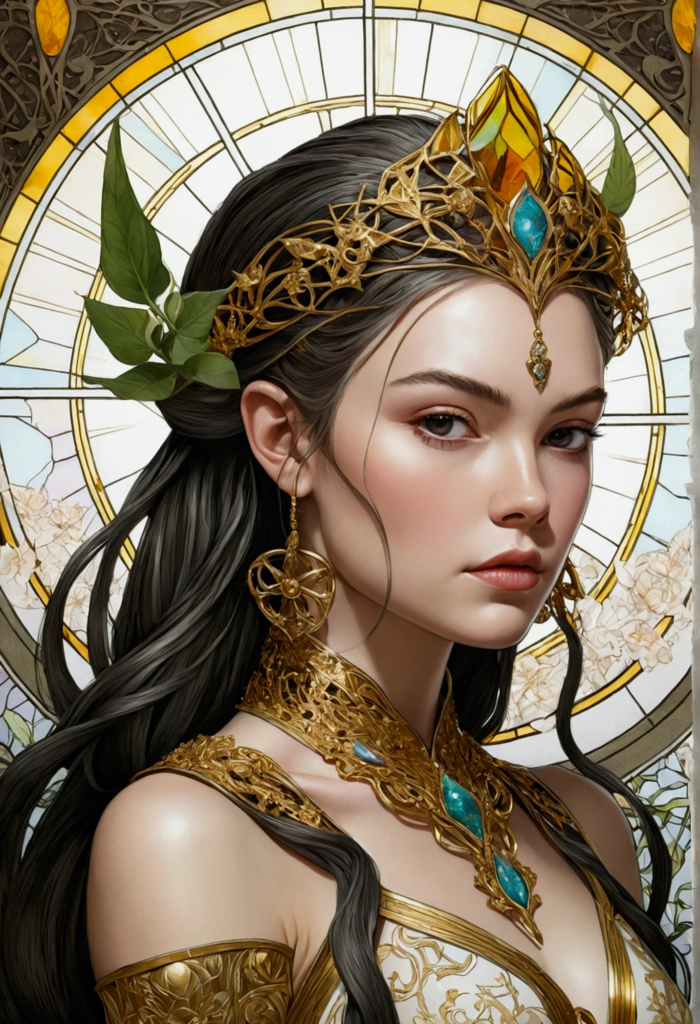 Gorgeous and beautiful Elven warrior queen tarot card, Fractal Magic, Travis Charest-style illustrations, Ink line art, Poster, Elle Fanning Model, society, Fantasy art, detailed illustration, Mysterious, Botanical masterpiece, detailed, Ultra-realistic, Elements of symbolism and surrealism, Intricate Design, Intertwined, Beautiful woman, Flowers, pastel.(masterpiece, Highest quality, Highest quality,Official Art, beautifully、Super Gold Hairstyle、aesthetic:1.2),(One girl:1.3), One girl BREAK stained glass art, Colored Glass, Lead wire, Light transmission BREAK Vivid colors, Intricate Design, Glowing effect, Spiritual atmosphere、Background abstract Japanese style
