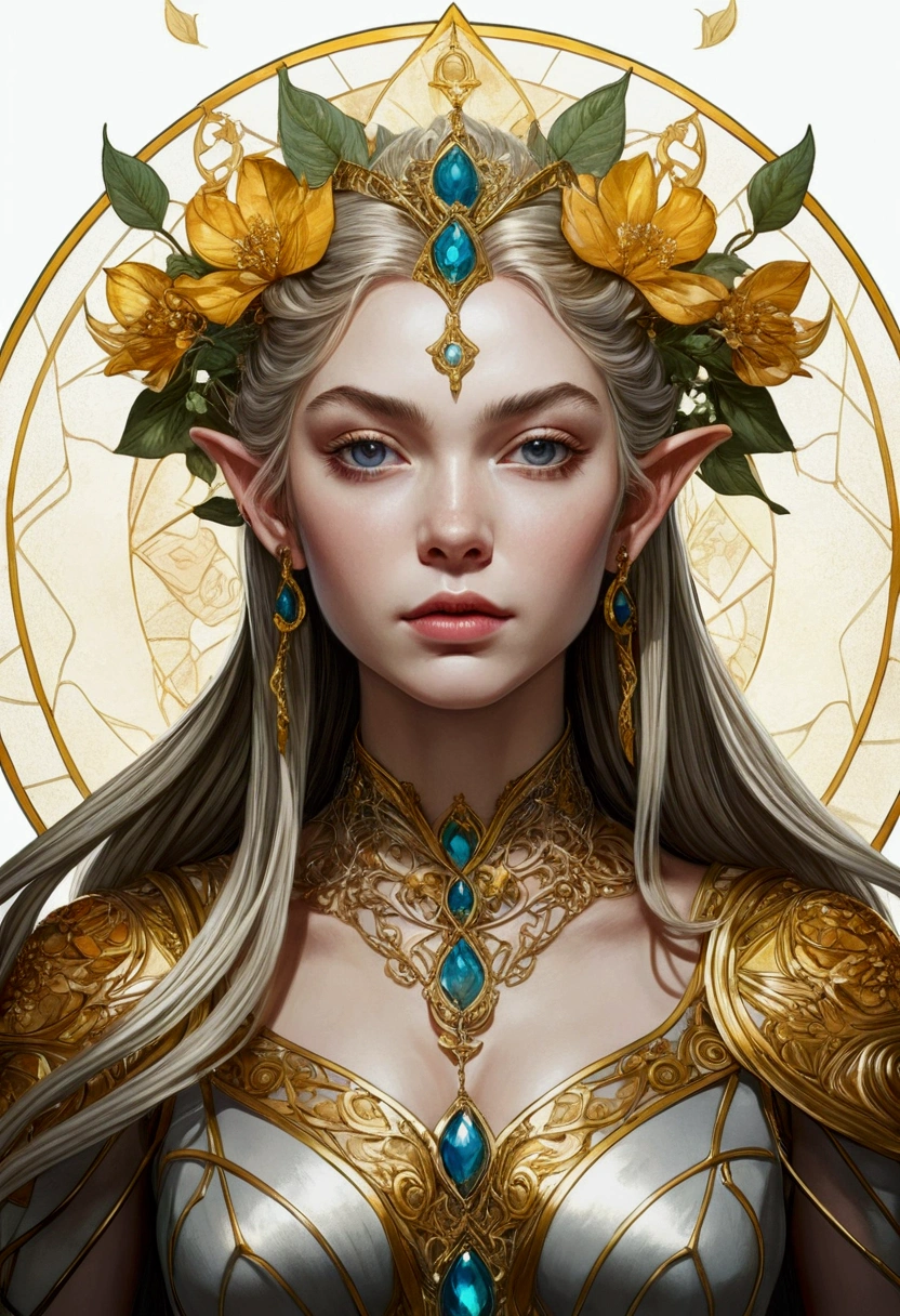 Gorgeous and beautiful Elven warrior queen tarot card, Fractal Magic, Travis Charest-style illustrations, Ink line art, Poster, Elle Fanning Model, society, Fantasy art, detailed illustration, Mysterious, Botanical masterpiece, detailed, Ultra-realistic, Elements of symbolism and surrealism, Intricate Design, Intertwined, Beautiful woman, Flowers, pastel.(masterpiece, Highest quality, Highest quality,Official Art, beautifully、Super Gold Hairstyle、aesthetic:1.2),(One girl:1.3), One girl BREAK stained glass art, Colored Glass, Lead wire, Light transmission BREAK Vivid colors, Intricate Design, Glowing effect, Spiritual atmosphere、Background abstract Japanese style