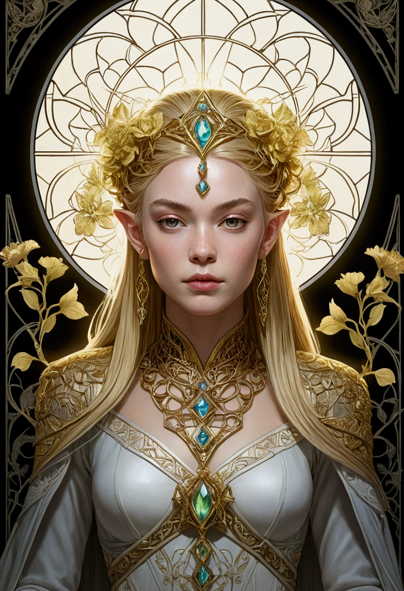 Gorgeous and beautiful Elven warrior queen tarot card, Fractal Magic, Travis Charest-style illustrations, Ink line art, Poster, Elle Fanning Model, society, Fantasy art, detailed illustration, Mysterious, Botanical masterpiece, detailed, Ultra-realistic, Elements of symbolism and surrealism, Intricate Design, Intertwined, Beautiful woman, Flowers, pastel.(masterpiece, Highest quality, Highest quality,Official Art, beautifully、Super Gold Hairstyle、aesthetic:1.2),(One girl:1.3), One girl BREAK stained glass art, Colored Glass, Lead wire, Light transmission BREAK Vivid colors, Intricate Design, Glowing effect, Spiritual atmosphere、Background abstract Japanese style