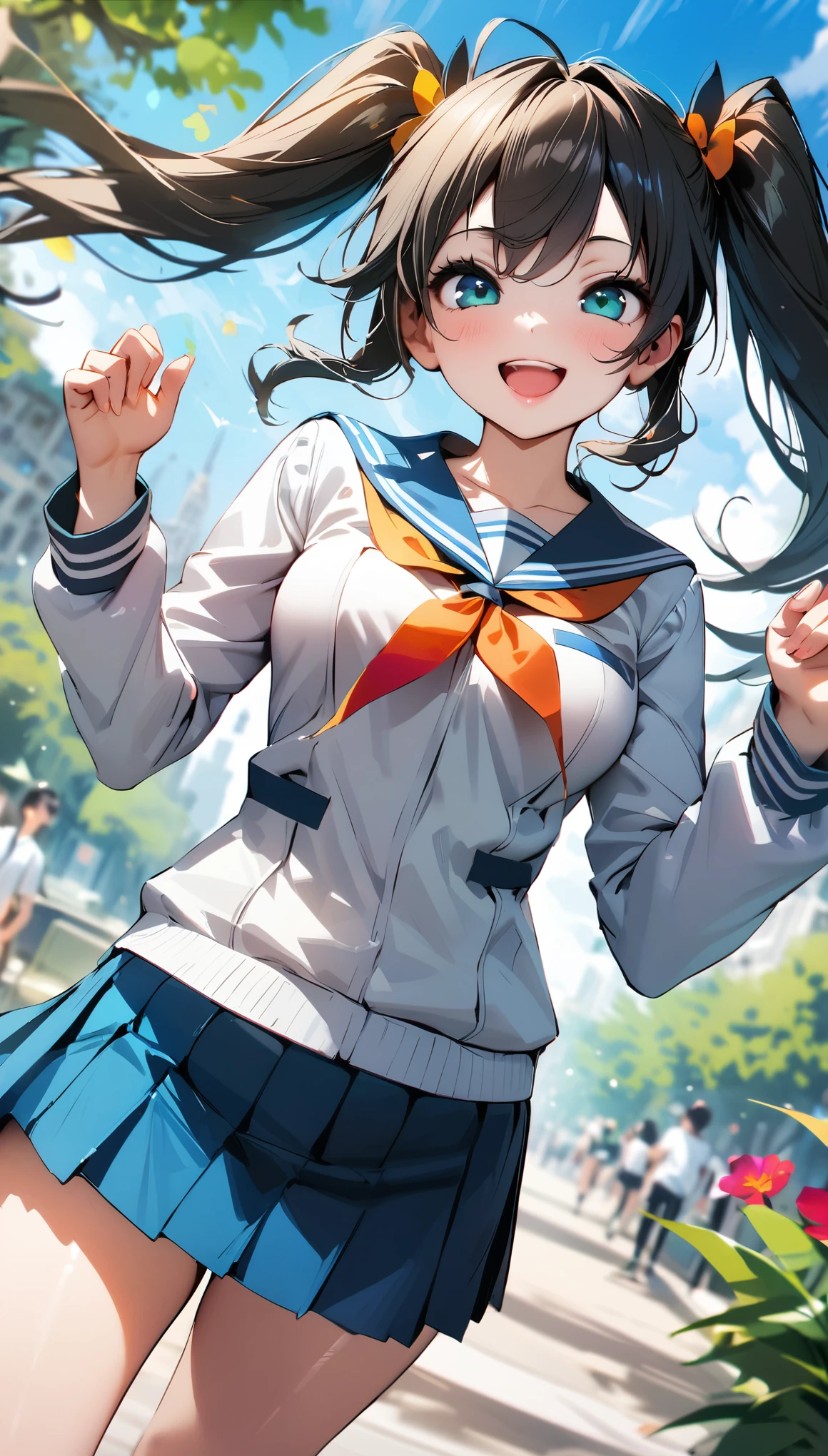 (Highest quality:1.2, 4K, 8k, Very detailed, up to date, Vibrant, Attention to detail, masterpiece:1.2, Highest quality, Best aesthetics), (((1 girl))), JK, Sailor suit, Pleated skirt, Open your mouth:1.2, Cute Smile:1.1, (Black Hair, Long twin tails), Dynamic Angle, Friendly atmosphere, Beautiful Hair, Shiny Hair, Beautiful Skin, Detailed face and eyes, Glossy Lips, Curvy Women, Sexy pose, Lush green park:1.2, Colorful flowers, Light and shadow with attention to detail, Background Blur.