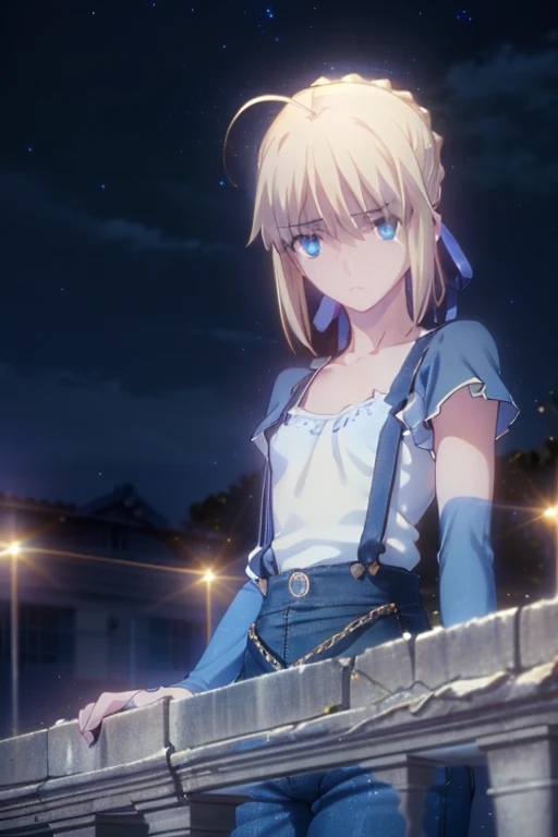 artoria pendragon saber (blue eyes:1.7), ((blonde hair in a bun), (medium-sized breast:1.2), looking down at a beautiful Tokyo nightscape, BREAK collarbone, very ((yellow cropped shirt, red suspenders and denim pants)), bare arms, bare shoulders, bare legs, twenty-year old woman BREAK looking at viewer, BREAK outdoors, standing on a building watching the city at night, BREAK (masterpiece:1.2), best quality, high resolution, unity 8k wallpaper, (illustration:0.8), (beautiful detailed eyes:1.6), extremely detailed face, perfect lighting, extremely detailed CG, (perfect hands, perfect anatomy), full body shot
