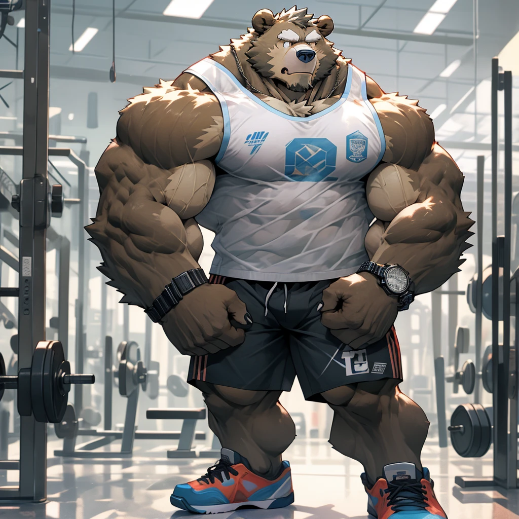A muscular and strong bodybuilder bear in gym shorts, tank top, wristband, watch, and gym shoes with a gym fitness center in the background. A strong bear holding heavy dumbbells