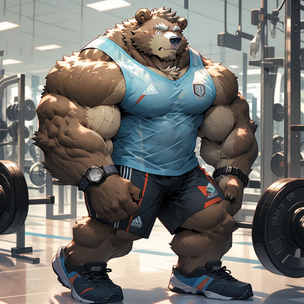 huge muscular kodiak brown bear in big gym fitness center, big grunting, kodiak bear, huge brown fur, thick arms, huge arms, big paws, veins all over arms and chests, bald, big brown mustache and beard, (muscular, pectoral, wide pectoral, thick arms), HEIGHT: 220CM, WEIGHT: 320KG, gym sets, workout equipments, ring, punching bag, realistic, 8k, masterpiece, added cinnamon colored eyebrows, deatiled eyes with red pupils, (wearing black mixed martial arts shorts with red slits, black mixed martial art fingerless gloves with red pads, black toeless footwear tapes, shirtless and topless), punching and kicking techniques,