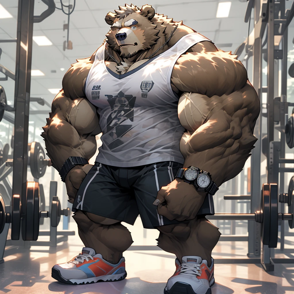 A muscular and strong bodybuilder bear in gym  shorts, tank top, wristband, watch, and gym shoes with a gym fitness center in the background. A strong bear holding heavy dumbbells