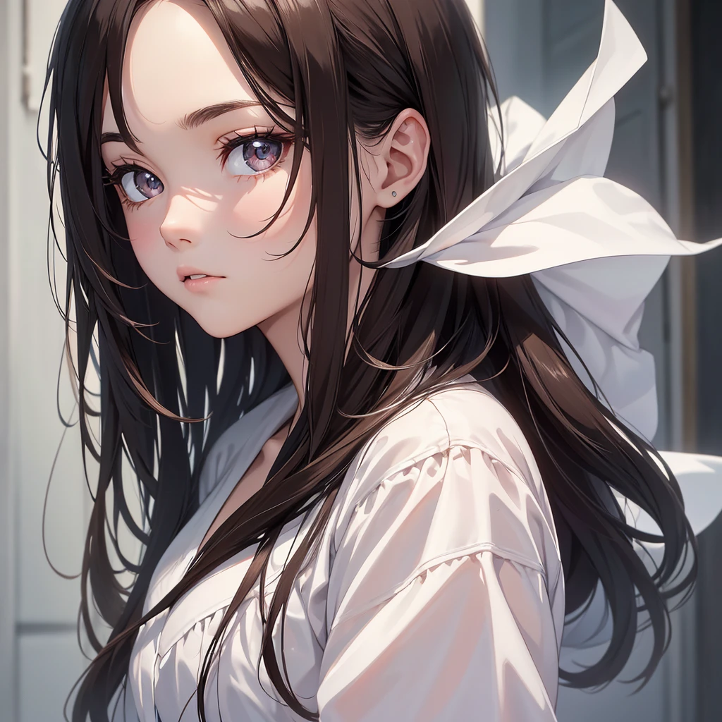(8K, Best Quality, Masterpiece, Ultra High Resolution) 1Girl, Young, , High School Student, Beautiful Eyes, Face Details, Dark Hair, Hazel Eyes, Pale Skin, Dainty, , Cute, , Dark Outside, Best Quality, Upper Body, Looking at the Viewer, Facing Viewer, Close Up