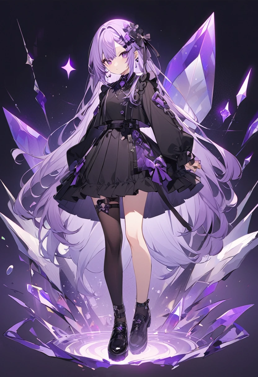 Keito。Purple Eyes。Light purple hair。Black shoes。Amethyst hair accessory
