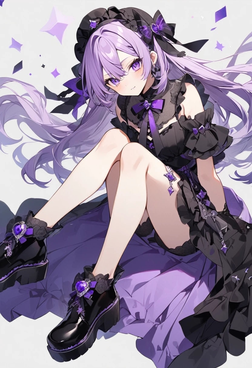 Keito。Purple Eyes。Light purple hair。Black shoes。Amethyst hair accessory