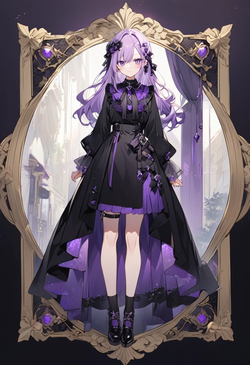 Keito。Purple Eyes。Light purple hair。Black shoes。Amethyst hair accessory