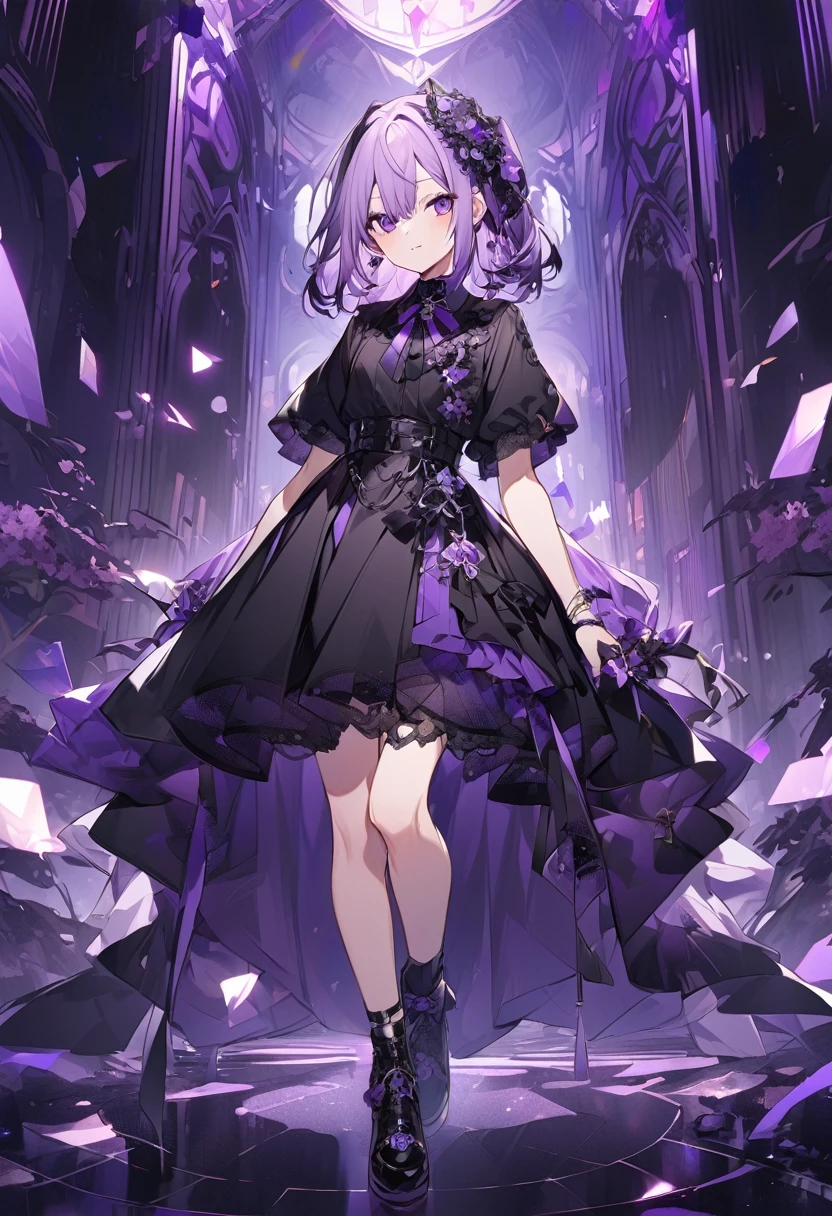 Keito。Purple Eyes。Light purple hair。Black shoes。Amethyst hair accessory
