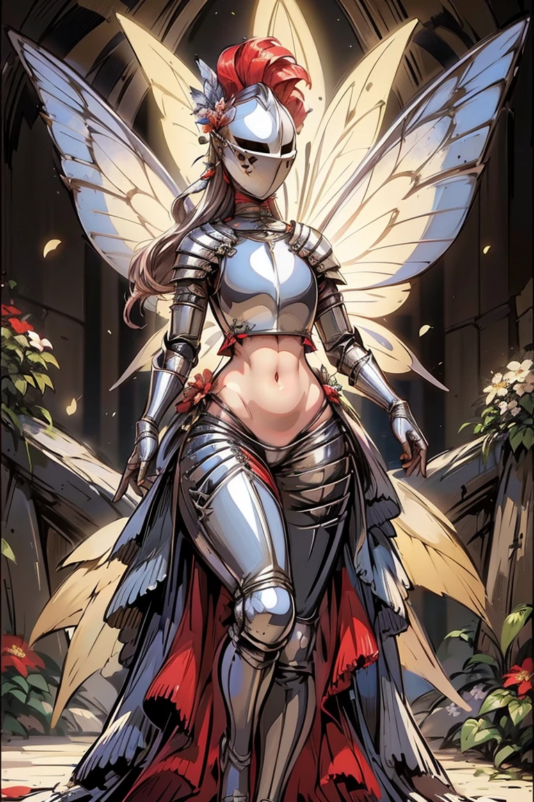 Amelia N., Highly detailed, High Quality, Masterpiece, beautiful, 1girl, prothestic leg, single mechanical arm, prosthesis, MaleniaRot, mechanical wings, scar, butterfly, bug, IncrsBurntScar, sword, holding sword towards viewer, full body, wide shot, flying, ultra wide shot, floating, red hair, mechanical armor