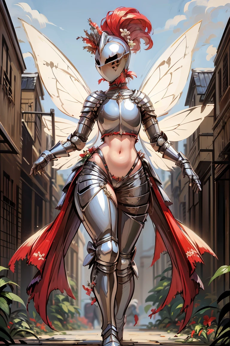 masterpiece, best quality, butterfly wings, (full body, full armor), kardiaofrhodes, helmet, plume, gauntlets, thighhighs, (tassets:1.5), navel, breastplate, wide hips, (queen of fairy, with ornaments and flowers on top, flowers background:1.2)