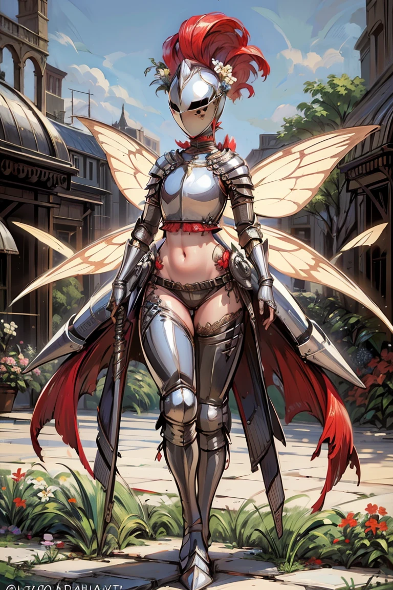 masterpiece, best quality, butterfly wings, (full body, full armor), kardiaofrhodes, helmet, plume, gauntlets, thighhighs, (tassets:1.5), navel, breastplate, wide hips, (queen of fairy, with ornaments and flowers on top, flowers background:1.2)