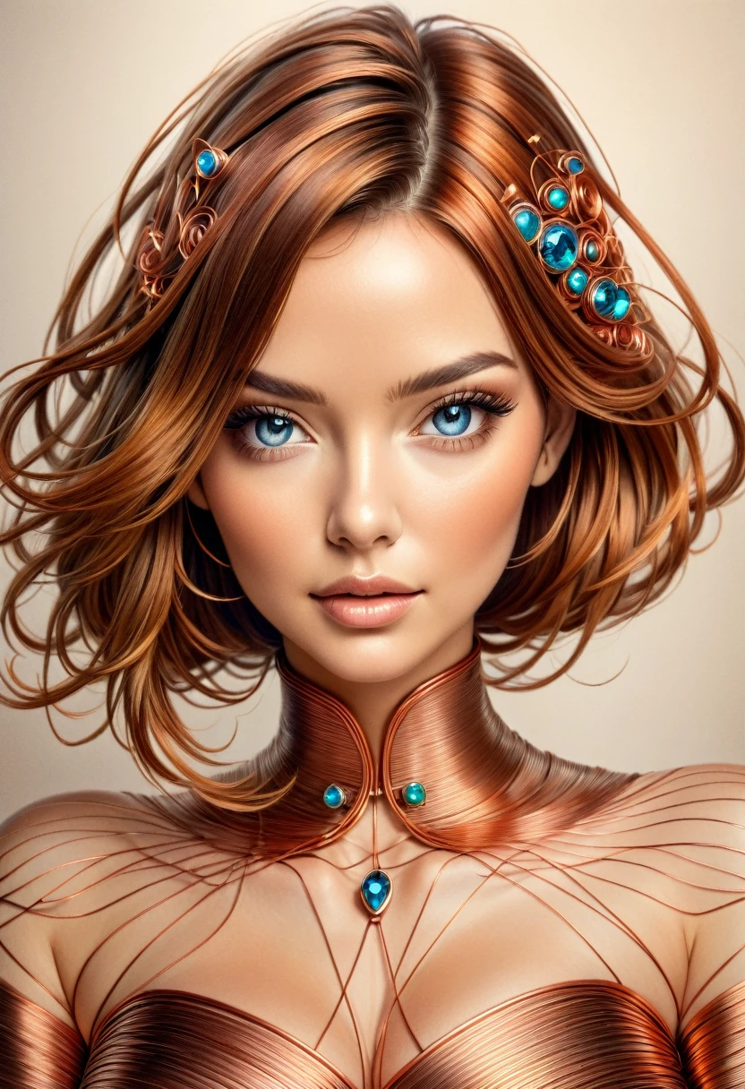 A COLORED PENCIL SKETCH 0F A beautiful women with copper wires for hair. Wearing a dress made of copper wires. with a symmetrical face