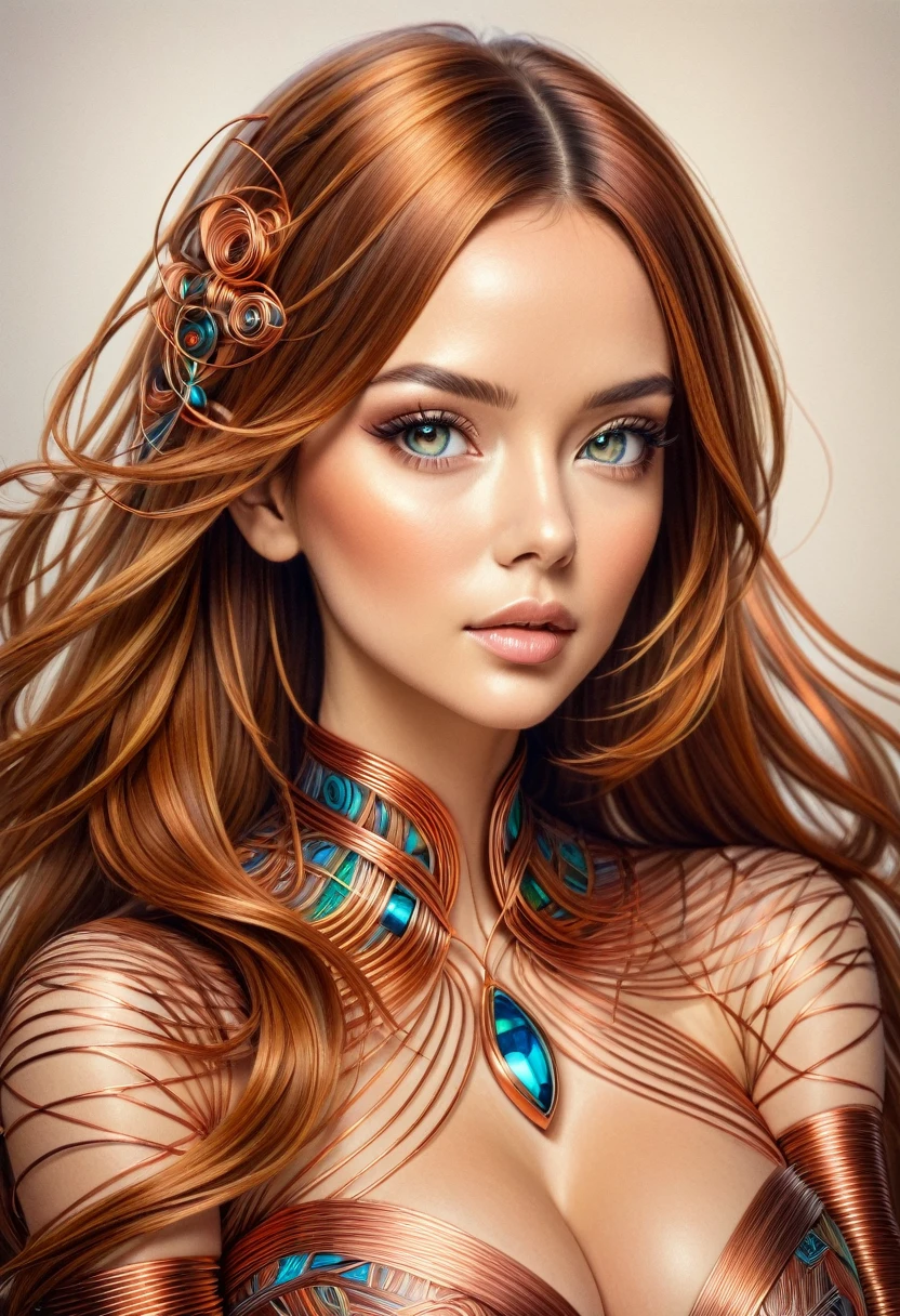 A COLORED PENCIL SKETCH 0F A beautiful women with copper wires for hair. Wearing a dress made of copper wires. with a symmetrical face
