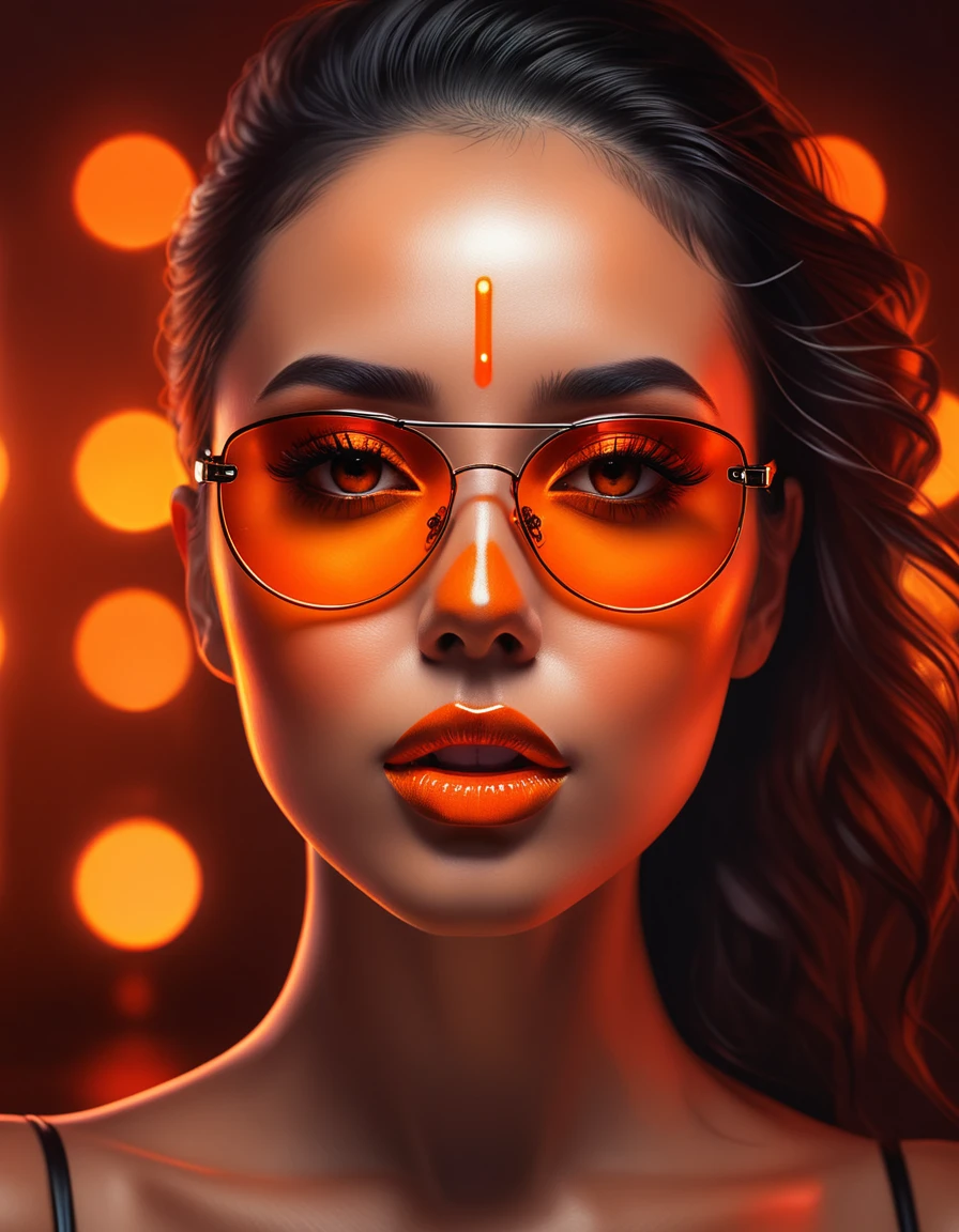 A full head image of a woman adorned with tiny black birthmark near her mouth and a glass shades, featuring beautiful digital artwork with red glowing skin, realistic digital art in 4K, seductive glowing sleepy orange eyes, and an 8K resolution. This stunning digital illustration showcases a glossy digital painting technique, a face aglow with an orange hue, complemented by an Artgerm bokeh effect, and a radiant red and orange glow.