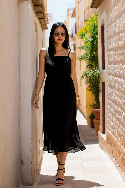 Woman white skin very long straight black hair ,   with Mexican pink dress sunglasses in Spain