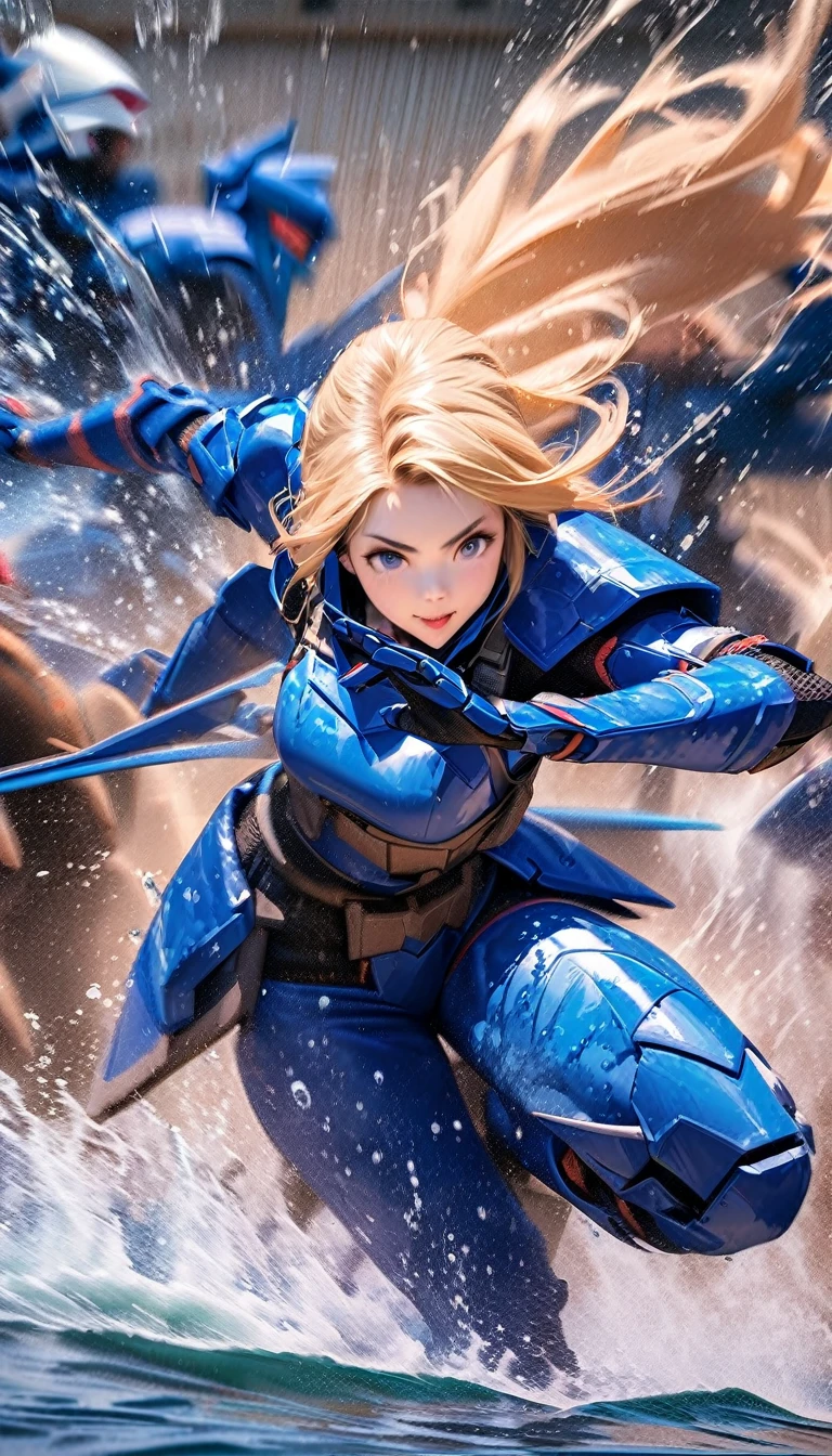 (work of art),(highest quallity),(high resolution),(very detailled),8k,wall-paper,(Armored Core Style),Woman in ninja robot armor, hair blonde,(water ninja),(blue body),(face detailed),(body detailed),(The background is hazy:1.2),(The body is covered in water:1.2),(dynamic),(Making a ninja sign),(action photo)