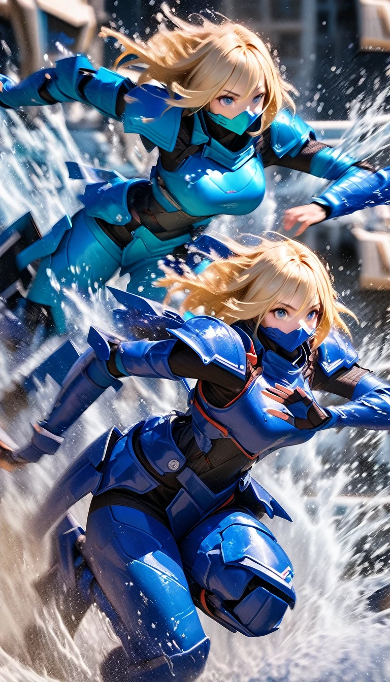 (work of art),(highest quallity),(high resolution),(very detailled),8k,wall-paper,(Armored Core Style),Woman in ninja robot armor, hair blonde,(water ninja),(blue body),(face detailed),(body detailed),(The background is hazy:1.2),(The body is covered in water:1.2),(dynamic),(Making a ninja sign),(action photo)