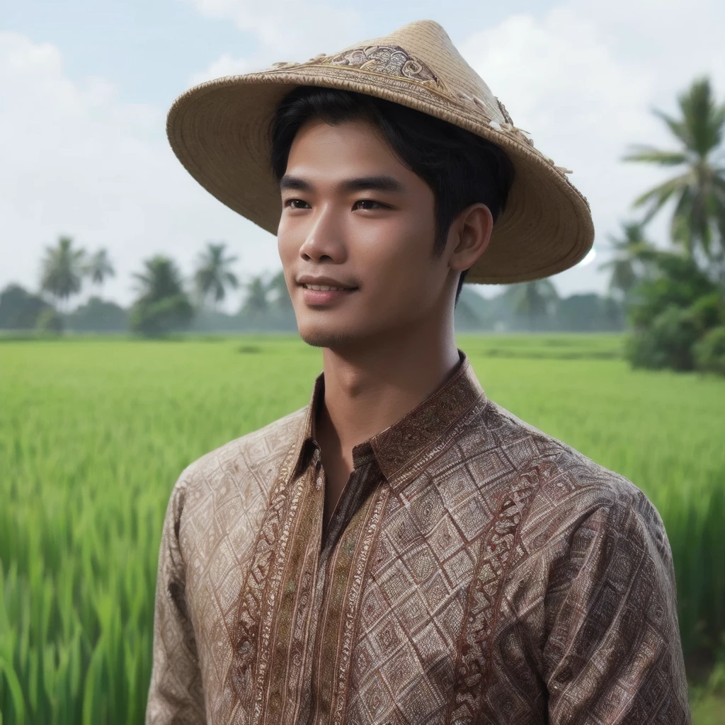 arafed man in a hat standing in a field of rice, inspired by Rudy Siswanto, barong family member, south east asian with round face, ramil sunga, traditional art, fanart, inspired by Basuki Abdullah, traditional clothes, wearing traditional garb, traditional, by Rudy Siswanto, official fanart, inspired by Ismail Acar