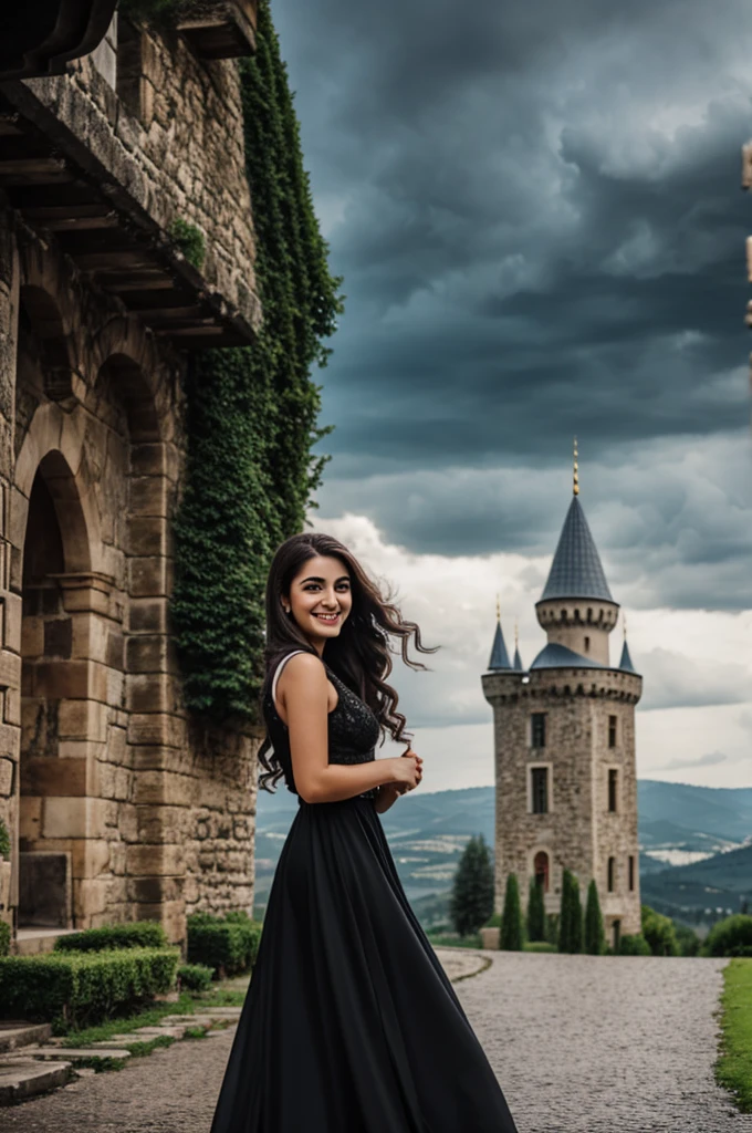 A beautiful turkish girl smile in black dress in the front if a old vintage castle and raining around it with cloud 