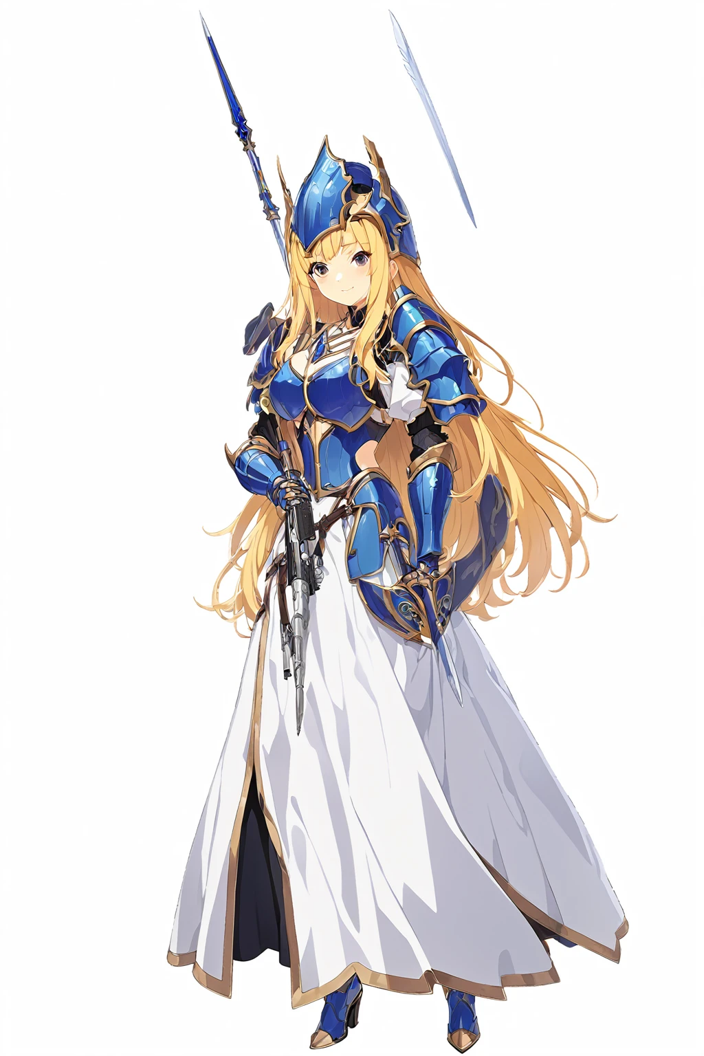 high quality, high resolution, high qualityのゲームアートスタイル, whole body,valkyrie,perfect hand,Official Art, Smooth game CG art, Visual Novel Sprites, White background,Smooth game CG art, (((Woman with a gun))),Woman wearing a white dress and blue armor, An intricately designed helmet with white feathers,Small shield, (((In his right hand he holds an elaborate spear))),Exquisite Blue Armor,Golden Hair, long hair, female knight, Rin々Shii,Large Bust,20-year-old,