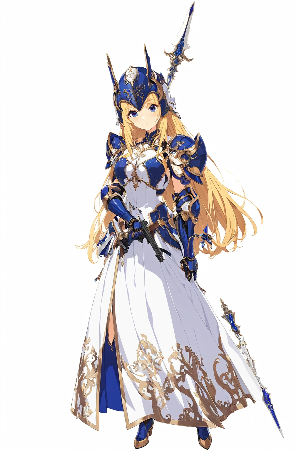 high quality, high resolution, high qualityのゲームアートスタイル, whole body,valkyrie,perfect hand,Official Art, Smooth game CG art, Visual Novel Sprites, White background,Smooth game CG art, (((Woman with a gun))),Woman wearing a white dress and blue armor, An intricately designed helmet with white feathers,Small shield, (((In his right hand he holds an elaborate spear))),Exquisite Blue Armor,Golden Hair, long hair, female knight, Rin々Shii,Large Bust,20-year-old,
