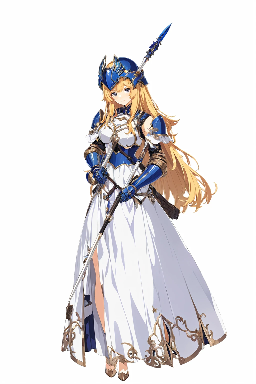 high quality, high resolution, high qualityのゲームアートスタイル, whole body,valkyrie,perfect hand,Official Art, Smooth game CG art, Visual Novel Sprites, White background,Smooth game CG art, (((Woman with a gun))),Woman wearing a white dress and blue armor, An intricately designed helmet with white feathers,Small shield, (((In his right hand he holds an elaborate spear))),Exquisite Blue Armor,Golden Hair, long hair, female knight, Rin々Shii,Large Bust,20-year-old,