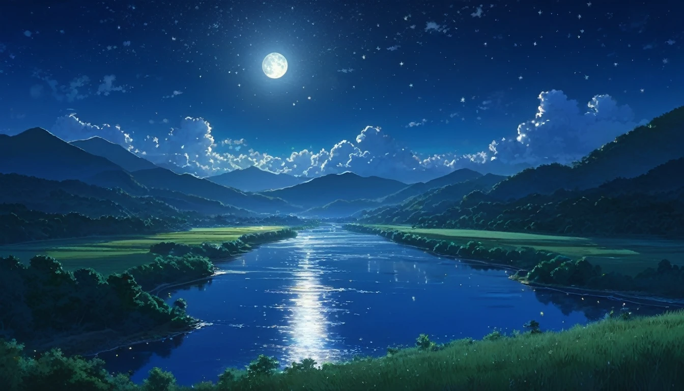 A painting of a river, stars and the moon in the sky, In bright colors, by makoto shinkai. Concept art inspired by Mitsuoki Tosa, pixiv Contest Winner, Highest quality, Golden Moon, No humans, Starry Sky, scenery, cloud, Shine, the scenery of night landscapes, Mountain, Rivers. Bright Moon, Starry Sky environment under the moonlight, A dreamlike night,Real, Background artwork, Dream-like reality, Atmospheric reality, Starry Sky, Detail enhancements.delicate,8k,Bright and beautiful full moon,The full moon is a beautiful round shape