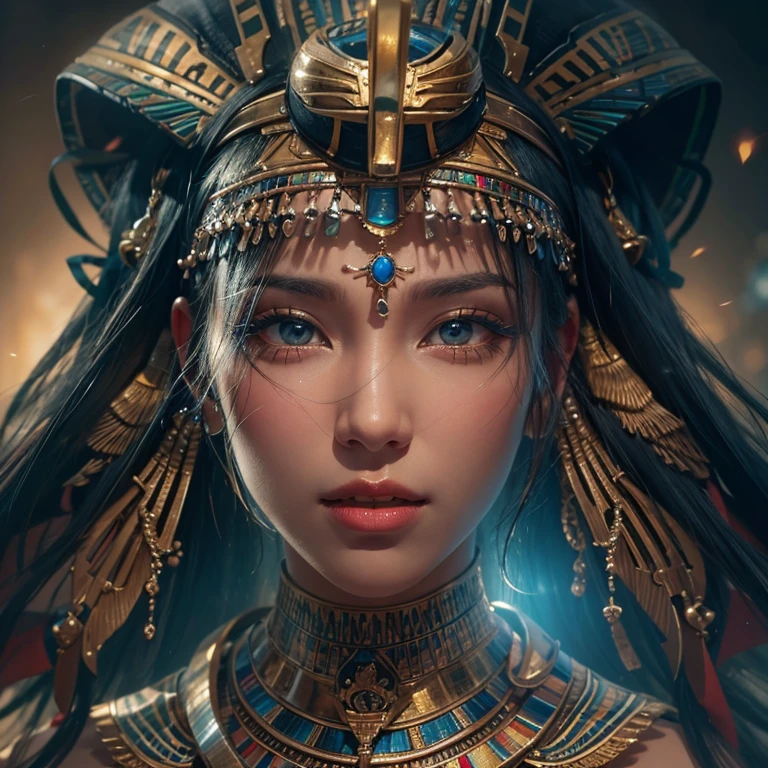 Pyramid on background、blue sky、Blowing hair 、 ((Highest quality、masterpiece、8k、Best image quality、Ultra-high resolution、Award-winning works)、(Accurate anatomy:1.1)、(Look at me and smile:1.0)、Shining fair skin with Ultra-high resolution、The most detailed face、Ultra-high resolution detailed face、Ultra-high resolutionの髪の毛、(Ultra-high resolution eye:1.1)、Beautiful face drawn in every detail、Ancient Egyptian costumes, Chest to chest, Dark atmosphere,Dark Light, Ancient Egyptian makeup,