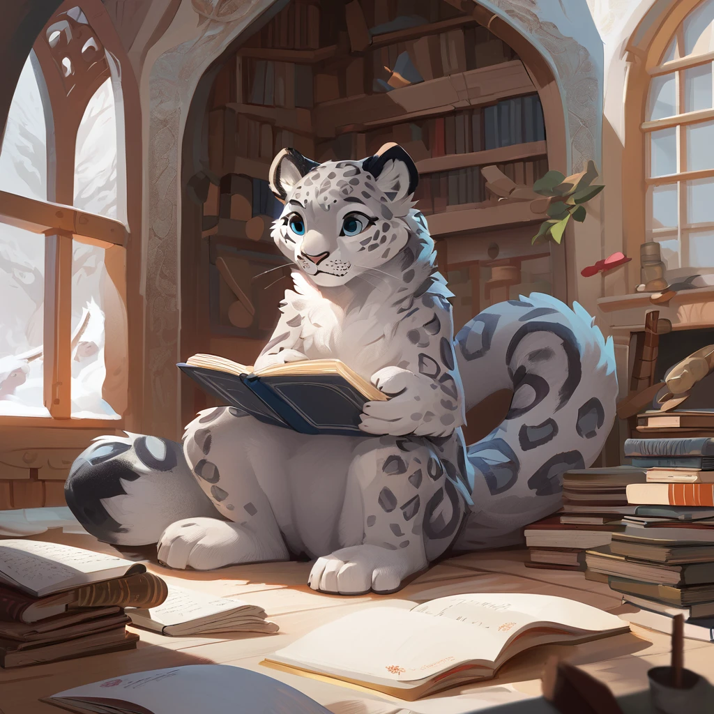 Cute Snow Leopard,Sit down and read a book,2D illustration,pop,front,Large limbs,Very detailed, Concept Art, Character Design, figure, Highest quality, masterpiece,