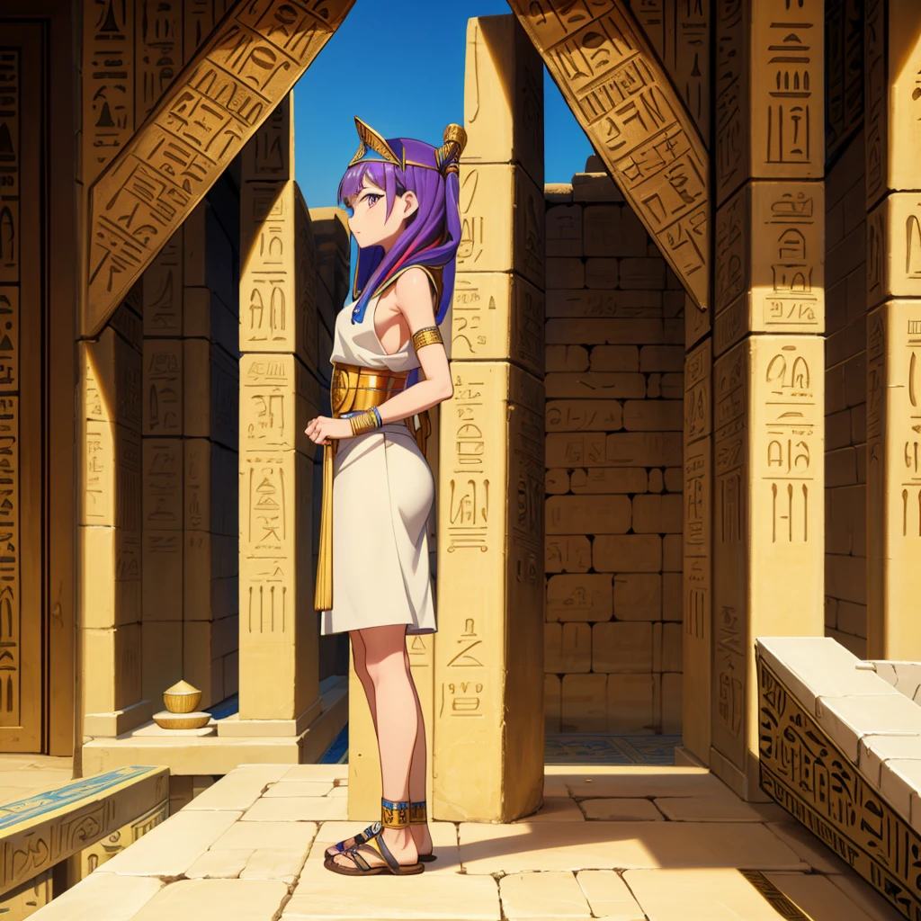かわいいAncient Egyptの15歳の女の子、Ancient Egypt、View of the Nile、A colorful view of the whole、whole body、Low - Angle、Standing posture、Reeds are growing、Ancient Egyptの船、Ancient Egyptの風景
