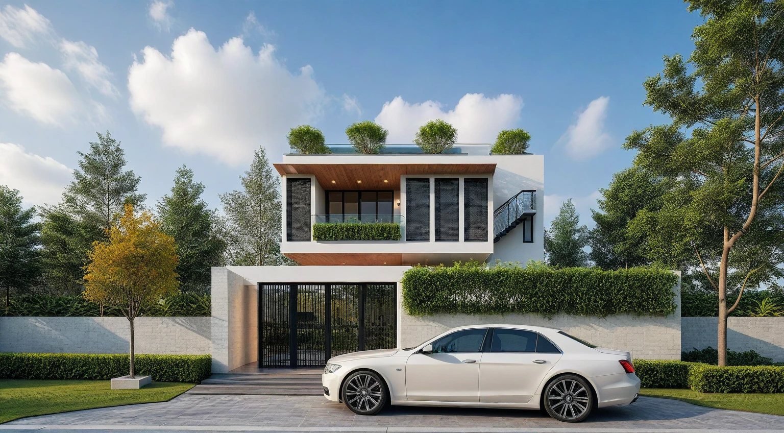 Masterpiece, high quality, best quality, authentic, super detailed, outdoor, aiaigroup, modern 2-storey townhouse style, stairs, white walls combined with conwood, wind encaustic tiles, iron gate, ceiling conwood, flowers, path, summer evening, grass, trees, sky, clouds, (daylight: 1.1)