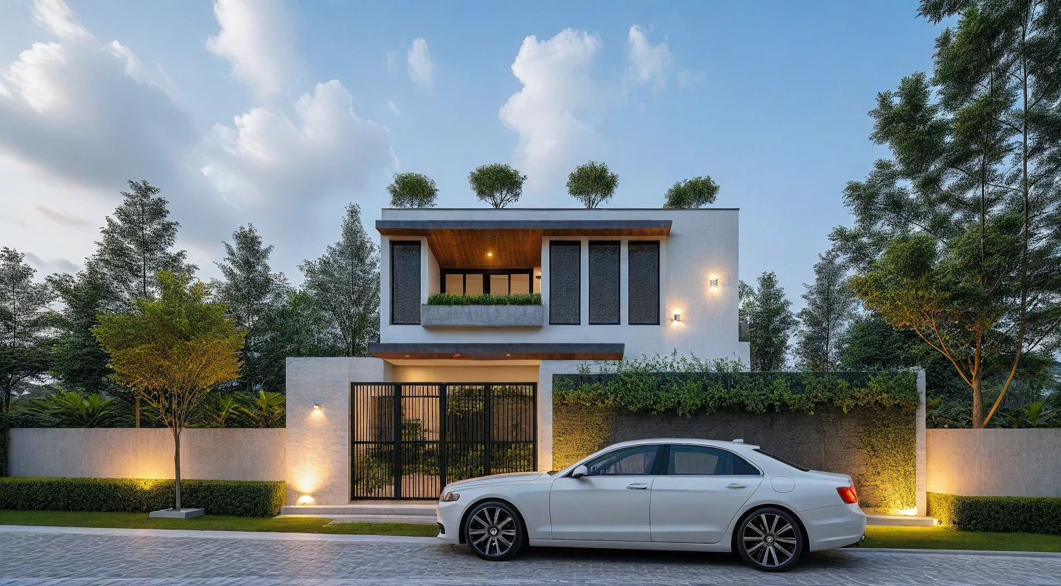 Masterpiece, high quality, best quality, authentic, super detailed, outdoor, aiaigroup, modern 2-storey townhouse style, stairs, white walls combined with conwood, wind encaustic tiles, iron gate, ceiling conwood, flowers, path, summer evening, grass, trees, sky, clouds, (daylight: 1.1)