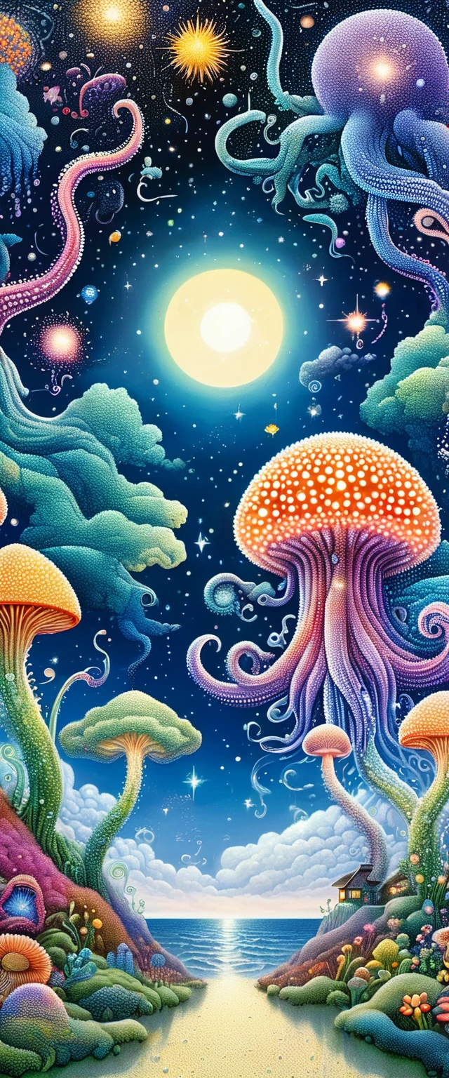 Strong visual fusion of multiple elements,Broto,来自Star的艺术家,house:1.37、Eye、Star、cloud、Spore powder、Tentacles,Describing the inner world of autistic people,密集Pointillism method。Smooth lines。Strange illustration。Pointillism method。Trypophobia。Strong contrast。Award-winning works。
