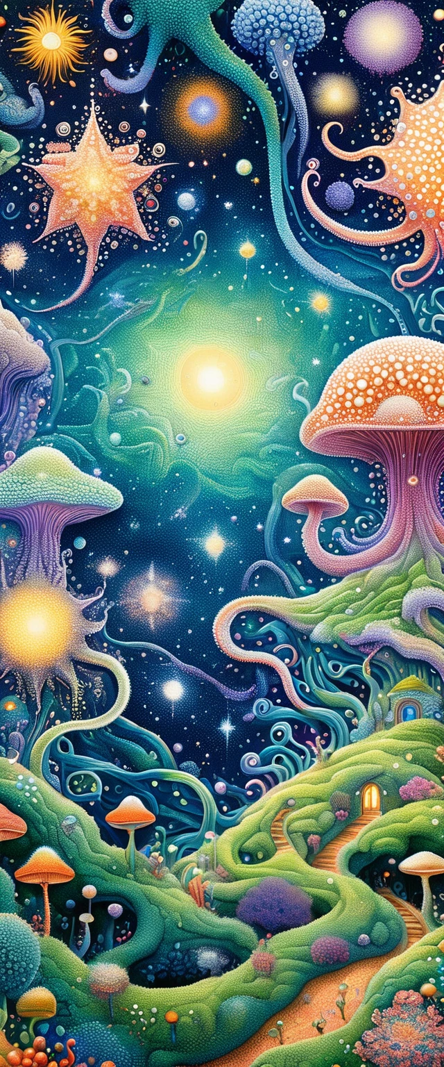 Strong visual fusion of multiple elements，Broto，来自Star的艺术家，house：1.37、Eye、Star、cloud、Spore powder、Tentacles，Describing the inner world of autistic people，密集Pointillism method。Smooth lines。Strange illustration。Pointillism method。Trypophobia。Strong contrast。Award-winning works。