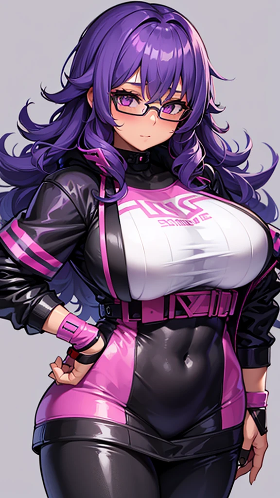 Girl with tanned skin and curly purple hair, wearing glasses and futuristic e-girl outfit