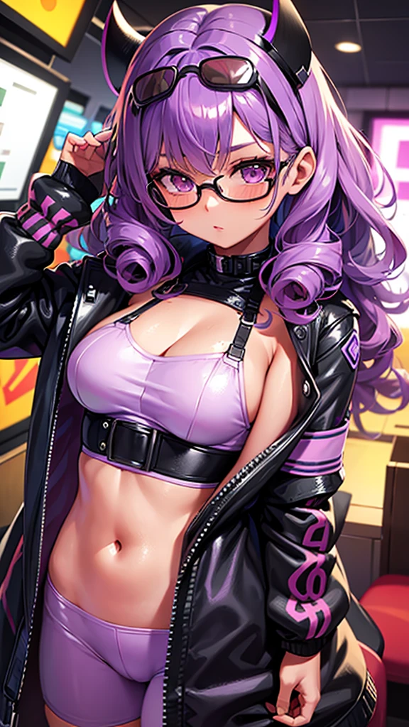 Girl with tanned skin and curly purple hair, wearing glasses and futuristic e-girl outfit