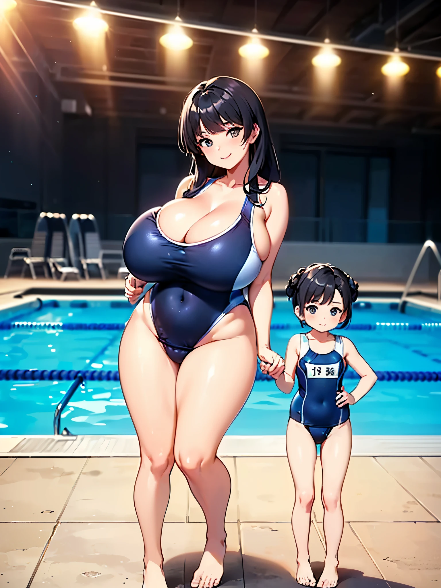 (pool:1.5),(Eight-headed mother:2.0),(Full body image:2.0), ((Cleavage:1.5)),(Smiling Beam:1.5), ((Mother showing her huge breasts:1.5)), ((blue competitive swimsuit:2.0)),Female 2,Mother and daughter,Highest quality, 4K, masterpiece, Very detailedな, Studio Lighting, Hilarious, Vivid expression, ((競泳水着をきたMother and daughterが並んでいる:2.0)),((Huge breastsを持つ30歳のBlack Hairの母親:2.0)),((競泳水着をきた10歳の貧乳のBlack Hairの幼女:2.0)),super high quality, Very detailed,Perfect photo,3d,8k,High resolution,Enchanting anime girl, Medium Hair:1.3,Black Hair,(black eye:1.5),Sporty hairstyles,Smooth anime CG art, 