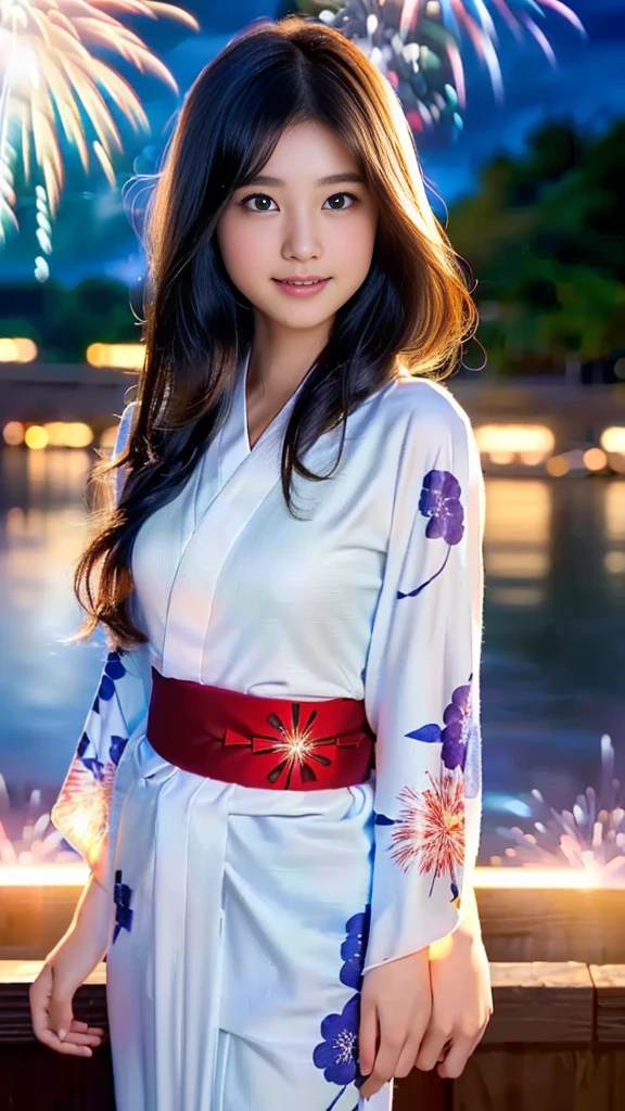 masterpiece, Highest quality,16K, Ultra-high resolution,The light and shadow of reality,Cinema Lenses,((Very skinny)),(((Her waist is so slim and beautiful)),((High nose、Small Mouth)),((Clean and slim face line)),((Big dark eyes with long eyelashes)),((Very small face))((Very slim and beautiful arms)),((She is very slim and has a great figure)),((Pure white beautiful skin)),((Cute Japanese Girls)),(((Fireworks bursting into the sky、night)))、(((kimono、yukata))),(Beautiful Eyes:1.1),Reflecting clear eyes and a gentle smile,