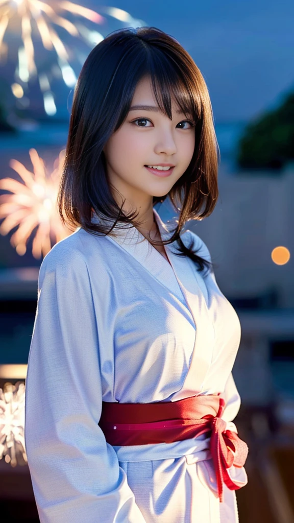 masterpiece, Highest quality,16K, Ultra-high resolution,The light and shadow of reality,Cinema Lenses,((Very skinny)),(((Her waist is so slim and beautiful)),((High nose、Small Mouth)),((Clean and slim face line)),((Big dark eyes with long eyelashes)),((Very small face))((Very slim and beautiful arms)),((She is very slim and has a great figure)),((Pure white beautiful skin)),((Cute Japanese Girls)),(((Fireworks bursting into the sky、night)))、(((kimono、yukata))),(Beautiful Eyes:1.1),Reflecting clear eyes and a gentle smile,